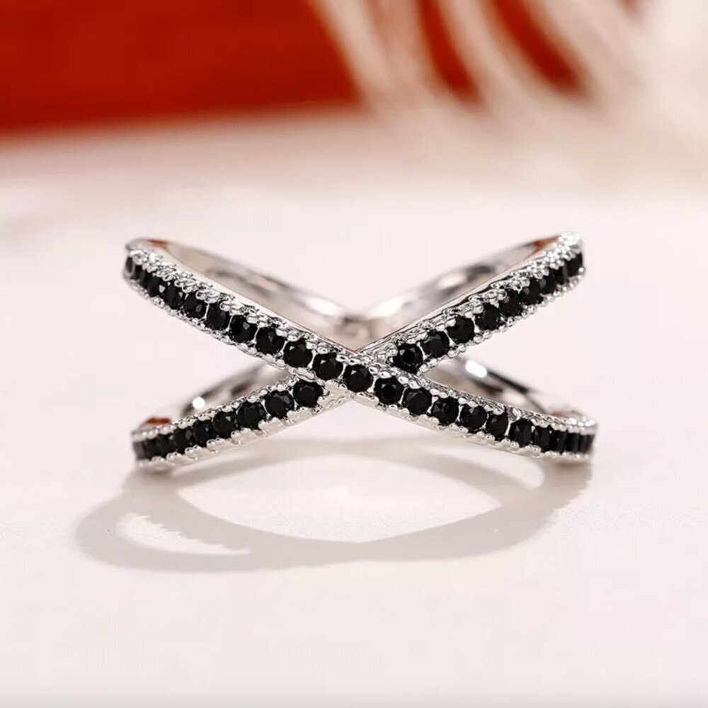 NEW 925 Sterling Silver Black Diamond Ring Criss Cross Ring Band